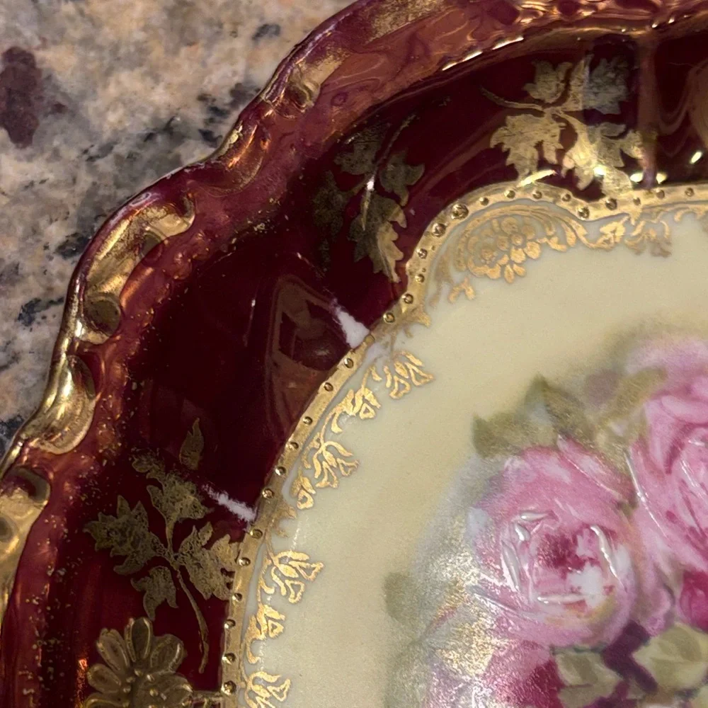 Antique PM Bavaria Hand Painted Porcelain Plate Red Gold Gilt Floral Germany